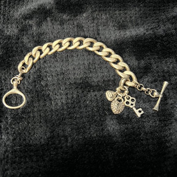 FOSSIL โ๏ธ Chunky Silver Tone Charm Bracelet Toggle w/๐๏ธ-๐-๐ & Fossil charm - Picture 5 of 5
